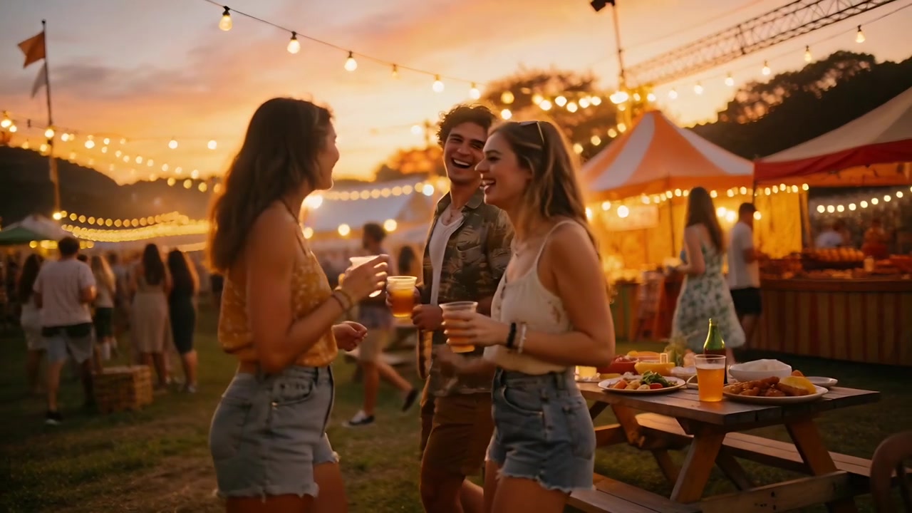 Gående venner i denimshorts og mønstret T-shirt, holder kopper ved solnedgang, følger lyskæder.