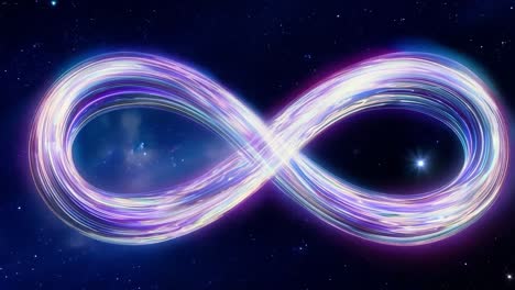 Vibrant infinite loop animation morphing against a starry cosmic background. Neon trails form a mesmerizing infinity symbol in outer space