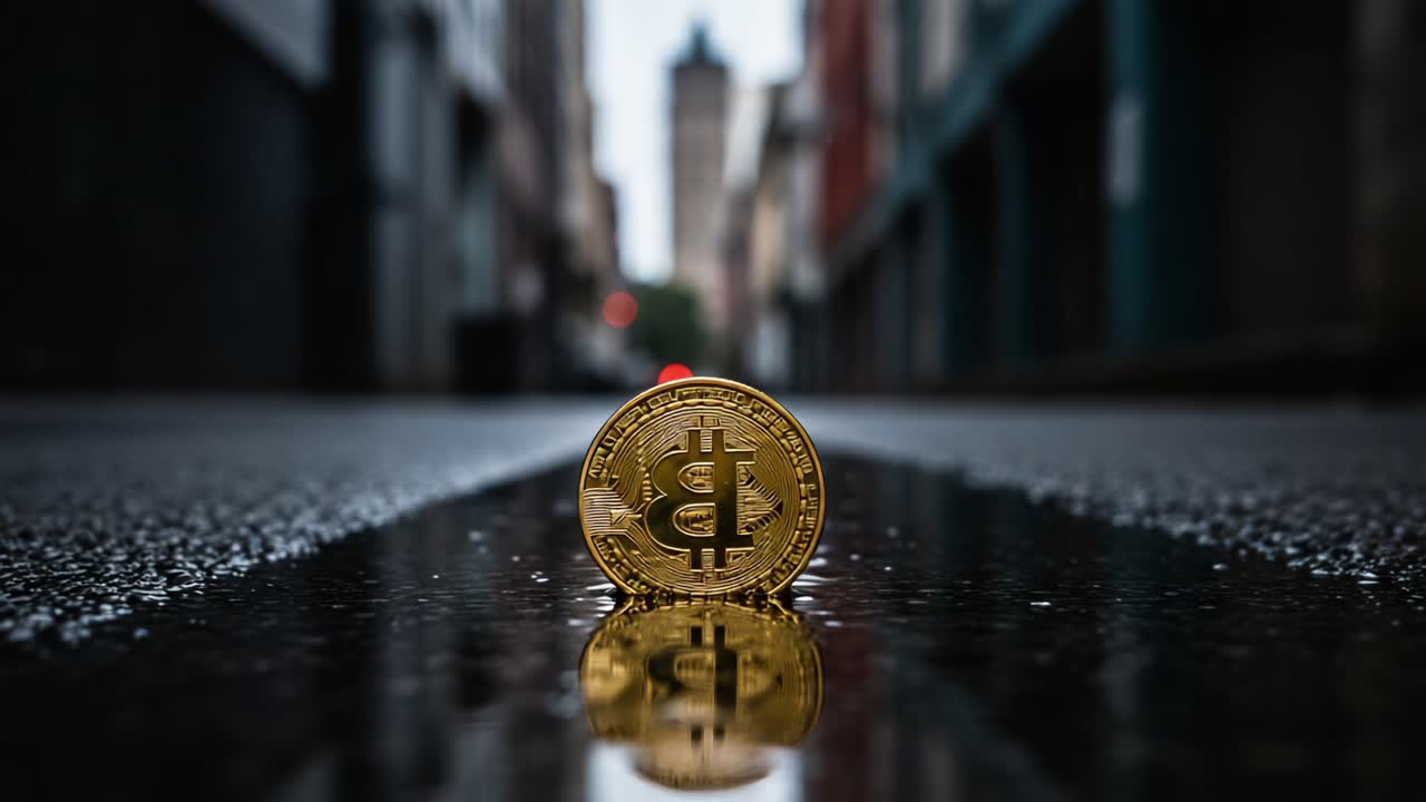 A Shimmering Bitcoin Coin Rests on a Rain-soaked Alleyway, Reflecting the Surrounding Urban Environment in the Heart of a Desolate Street Scene
