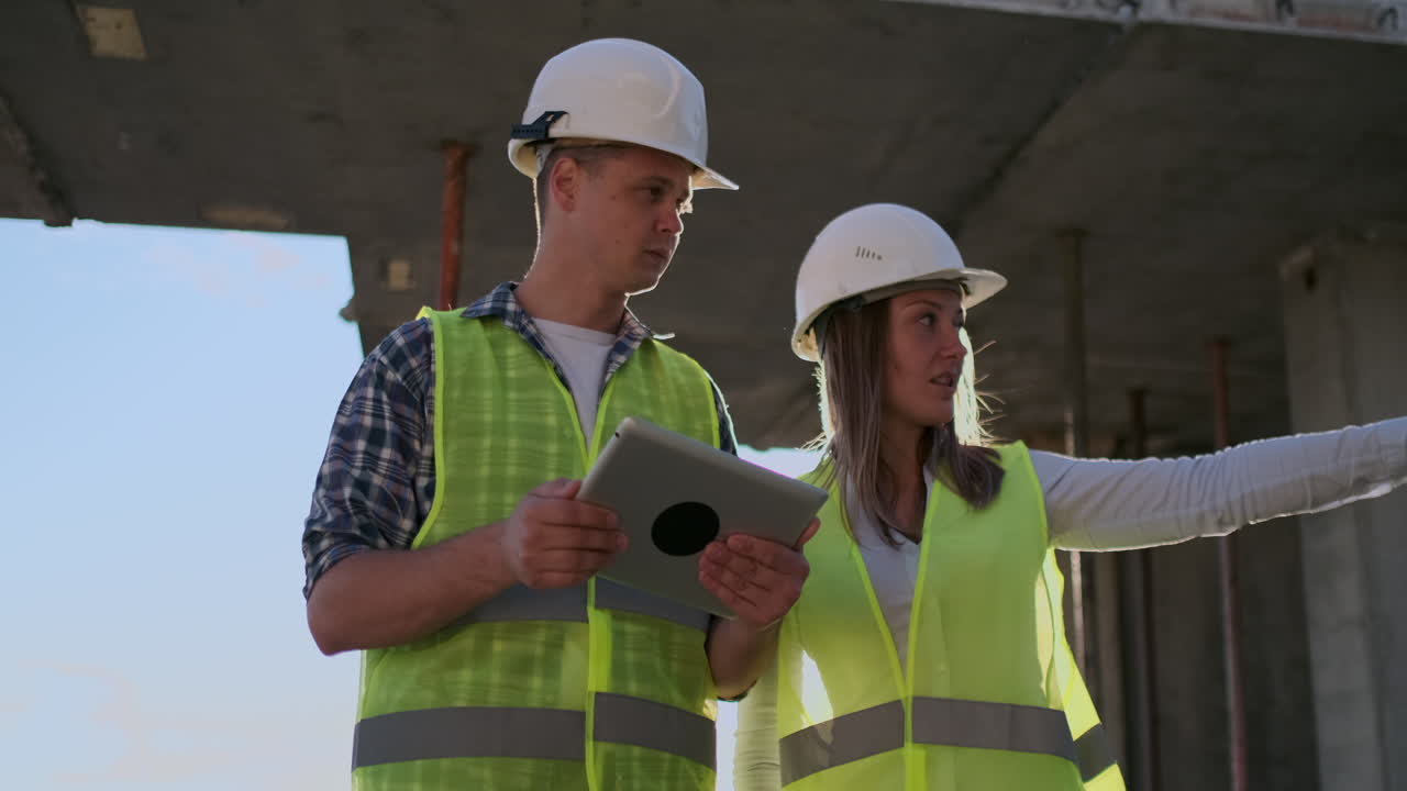 dos ingenieros un hombre y una mujer con cascos blancos con una tableta en el sitio de construcción condenan el plan de construcción del edificio