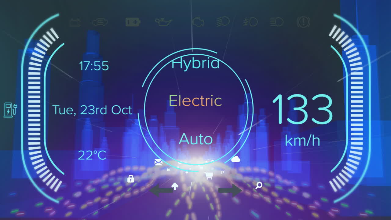 자동차 대시보드 인터페이스의 애니메이션과 3d 도시 모델에 대한 라이트 트레일 위의 디지털 아이콘