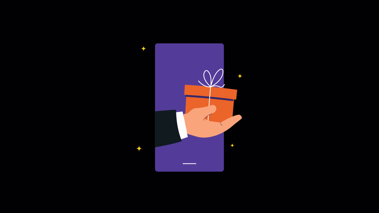 Animated Hand Holding Gift Box Emerging from Smartphone Screen