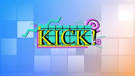 Animation-of-kick-text-in-yellow-with-colourful-geometric-shapes-over-blue-and-orange-squares
