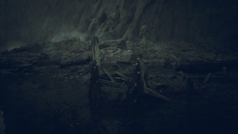weathered shipwreck rests on desolate shoreline in twilight hour