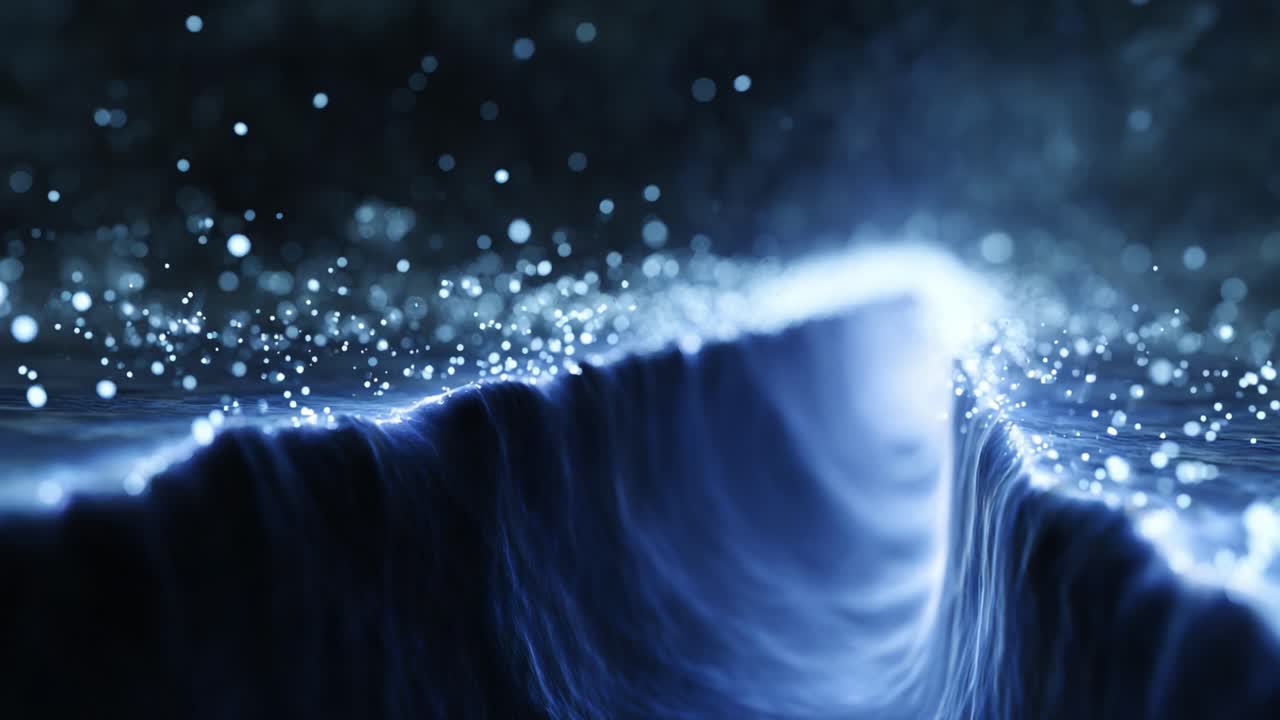 A mesmerizing close-up view of a dynamic wave in a deep ocean with sparkling elements, showcasing the beauty and power of nature's water movements and light reflections