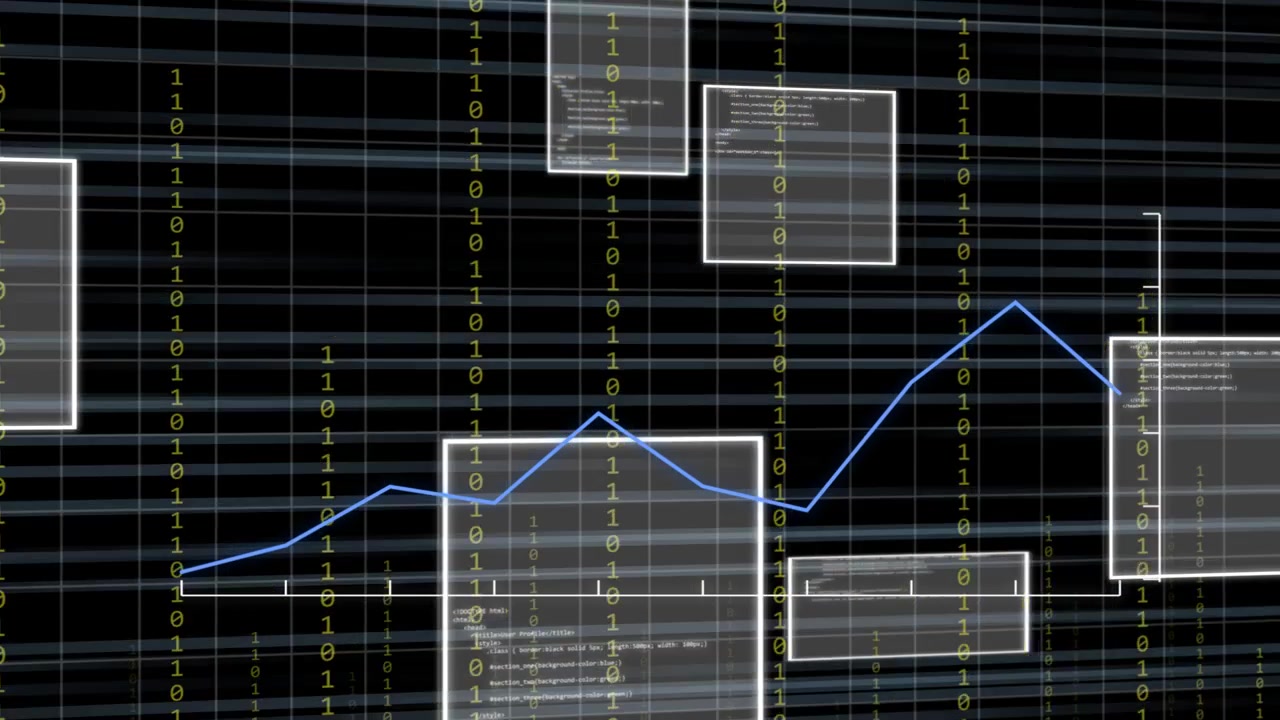 Bij een update: binaire balken stijgen, codevensters schuiven, lijnen worden getekend, camera beweegt, data wordt gevisualiseerd.