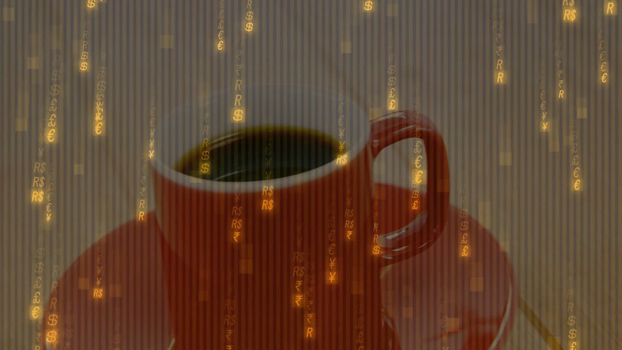 Red ceramic coffee cup being visualized in tech finance scene, with golden currency rain