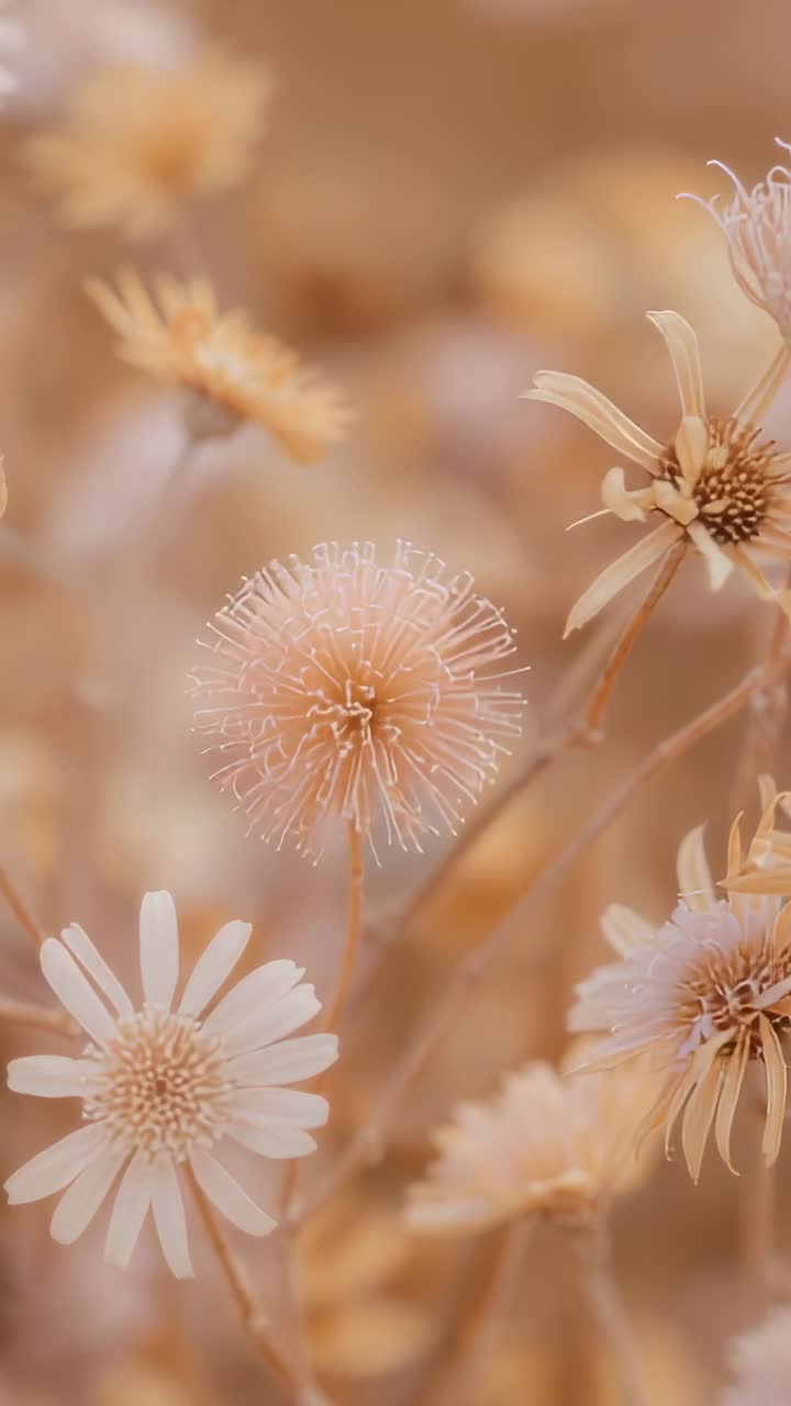 Video verticale: spostamento della camera che mostra un gruppo di fiori di pesco in un campo, rivelando un soffione