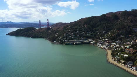 sausalito town on california bay area coast, aerial drone view