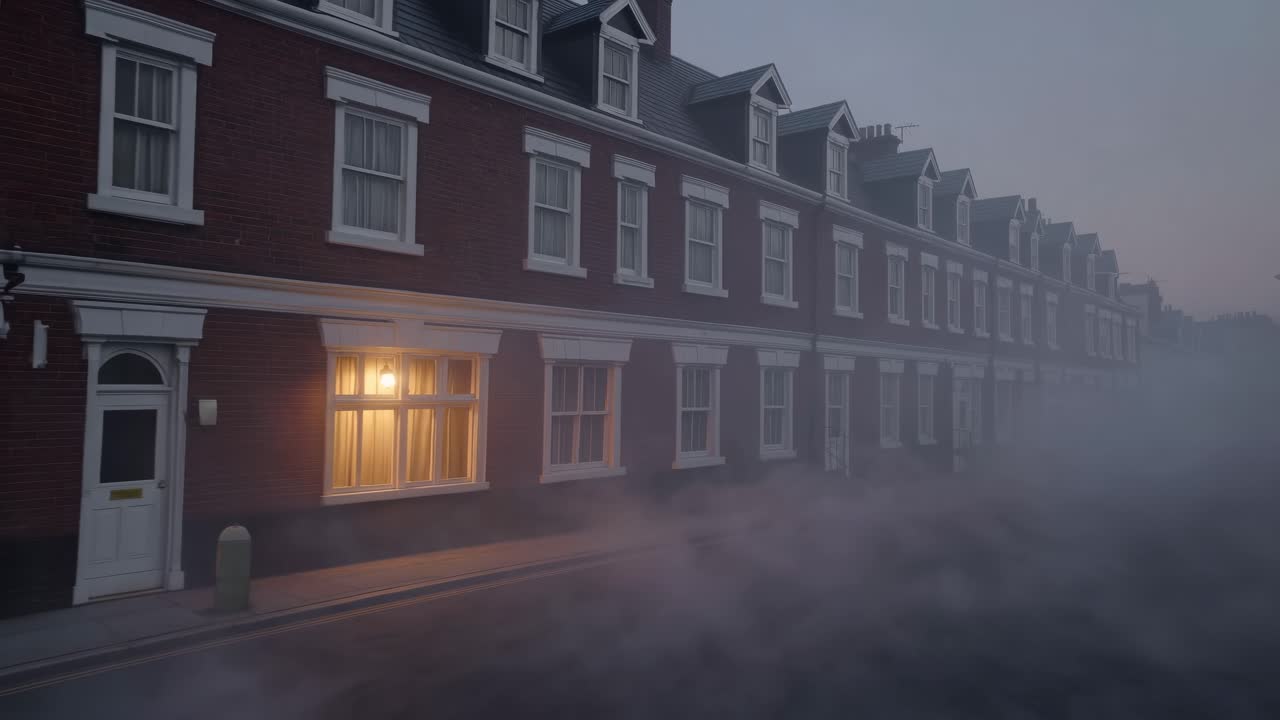 Warm light emanating from a window illuminates the dense fog surrounding a row of houses in a deserted residential street at dawn, creating a mysterious and tranquil atmosphere