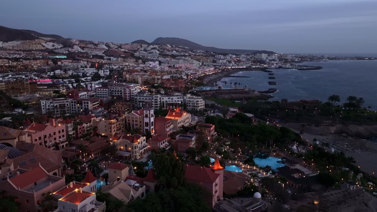 Evening glow reveals coastal charm and resort life in Tenerife’s Costa Adeje, 4K