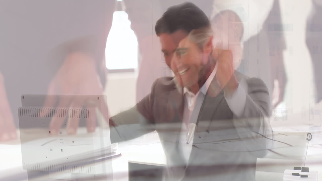 Animation of statistics and financial data processing over smiling businessman in meeting