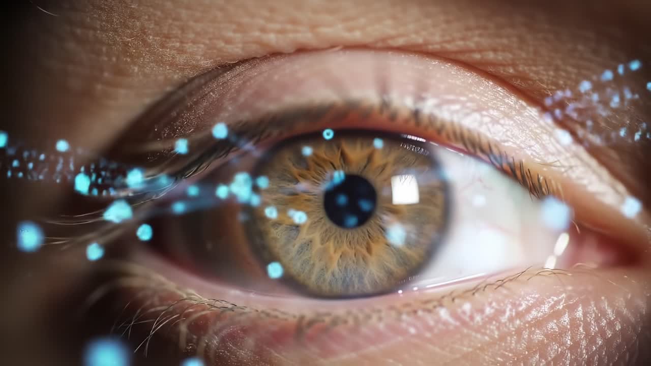 A Close-Up View of a Human Eye with Digital Effects, Highlighting the Intricate Details of the Iris and the Interaction of Light, Technology, and Vision