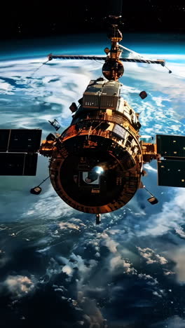 a satellite is flying through the sky above the earth. the satellite is surrounded by clouds and he is in the middle of a storm