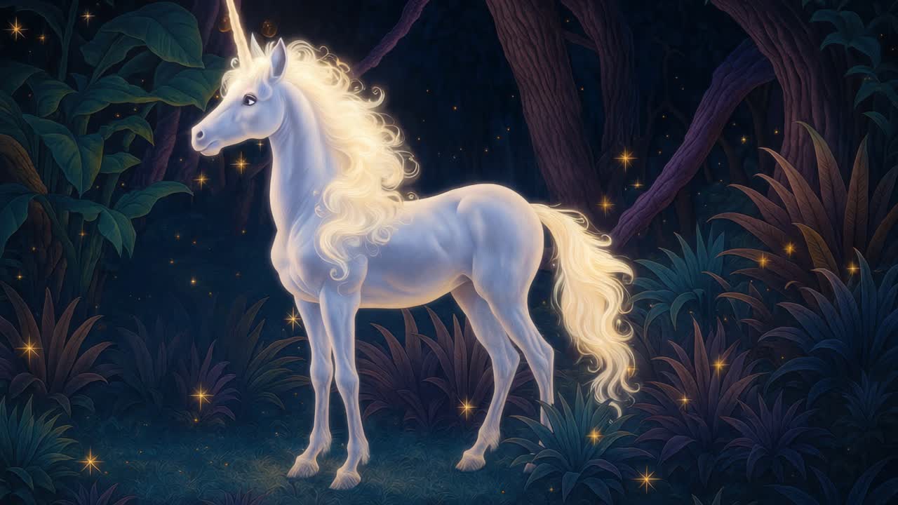 A mystical unicorn in a moonlit forest, captured from a side angle. The scene evokes a fantasy video