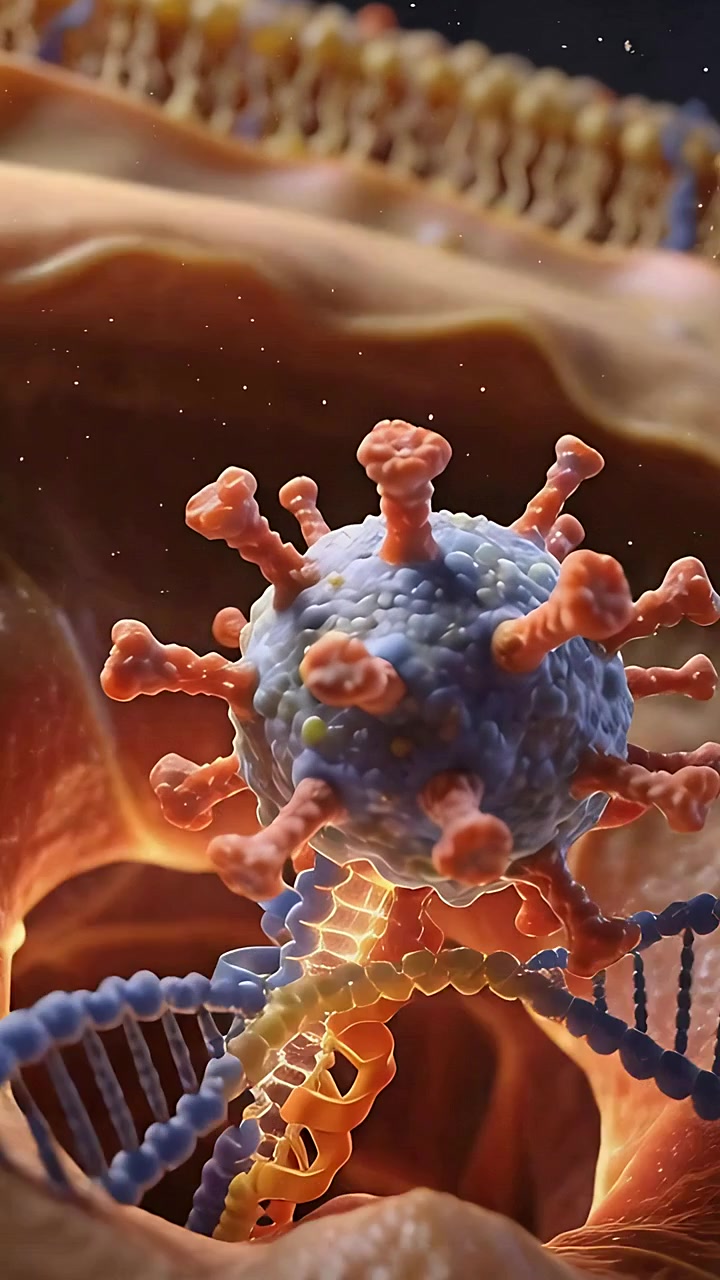 Vertikal video: Bevægelig pigget virion rammer membranreceptor, danner en kop og tillader RNA-indtrængen