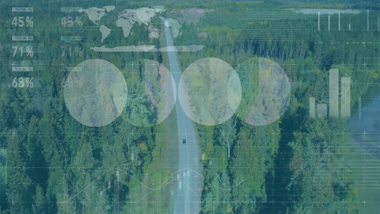 Aerial view of road through forest with data processing animation overlay