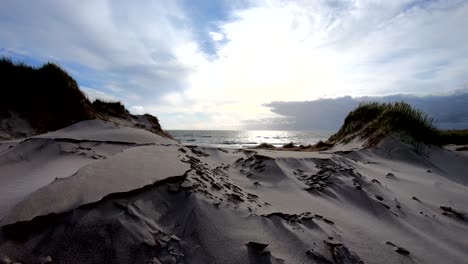 sand dunes with dune grass in the storm of the north sea, hiking dunes, dike protection, sondervig, jutland, denmark, 4k