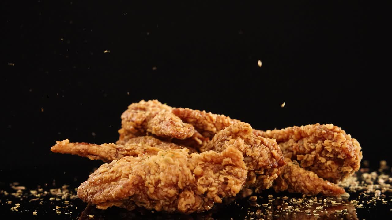 Golden fried chicken wings are rotated as oregano seasoning is sprinkled over them, captured in slow motion against a black background with dramatic studio lighting