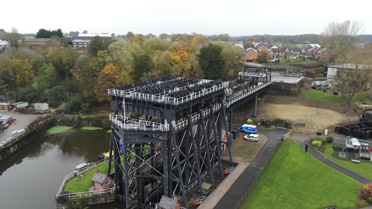 Industrial Victorian Anderton canal boat lift Aerial view River Weaver mid orbit left