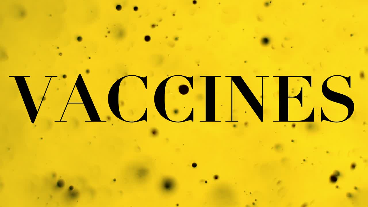Vaccines text with creepy ominous black bubbles floating behind in light orange liquid, science outbreak