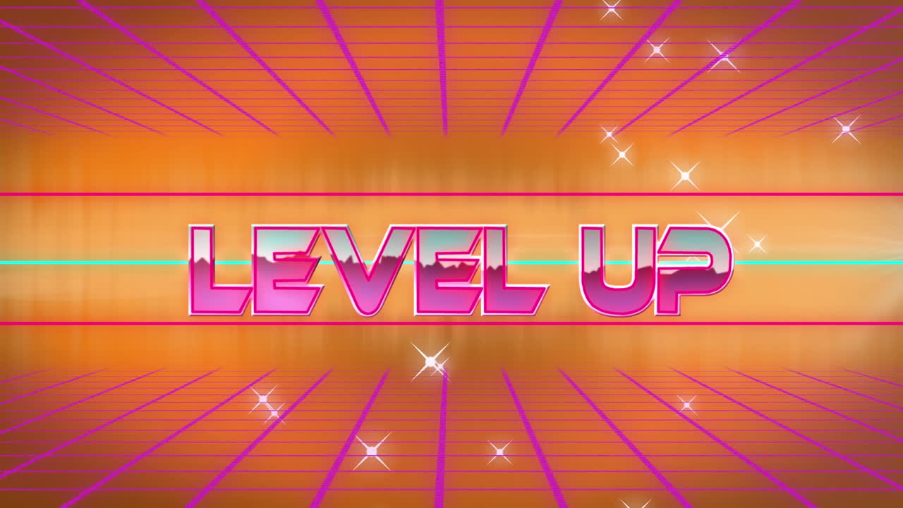 animación de texto de nivel superior a través de la red de cuadrícula contra estrellas brillantes en un fondo de gradiente naranja
