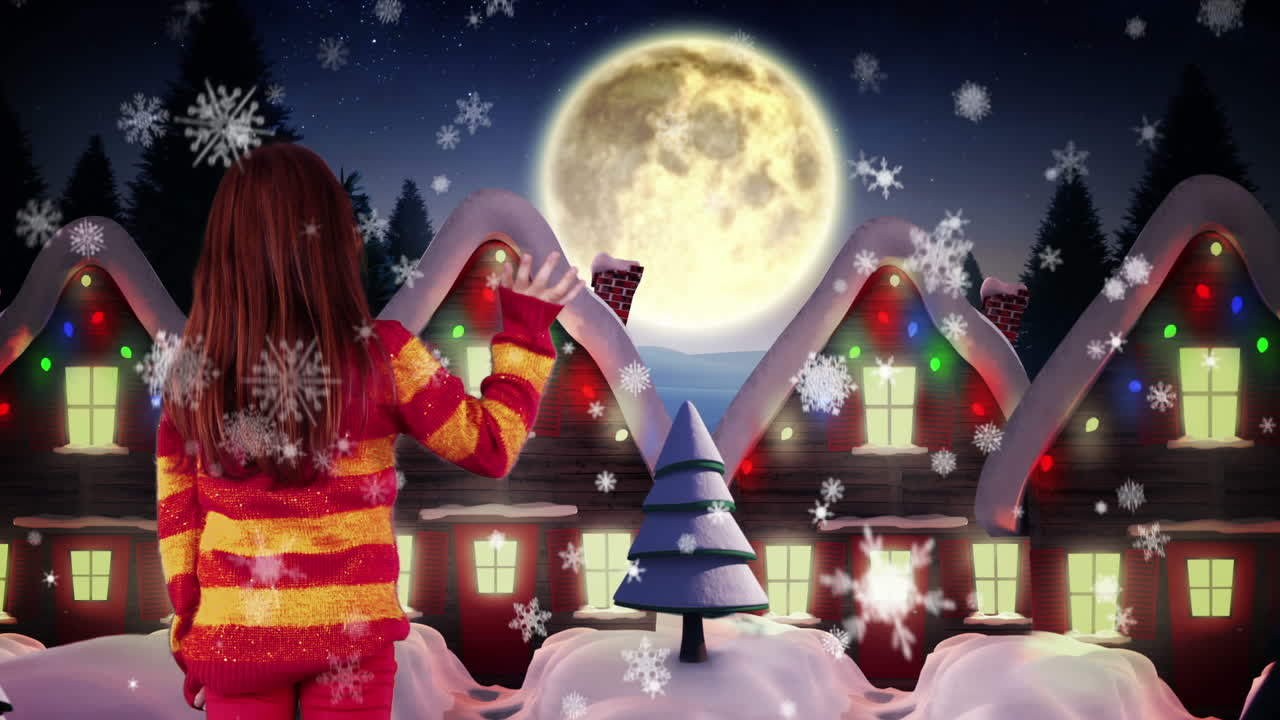 마을 위를 날아다니는 산타에게 손을 흔들고 있는 어린 소녀