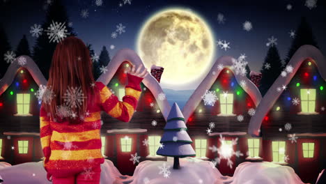 little girl waving to santa flying over village