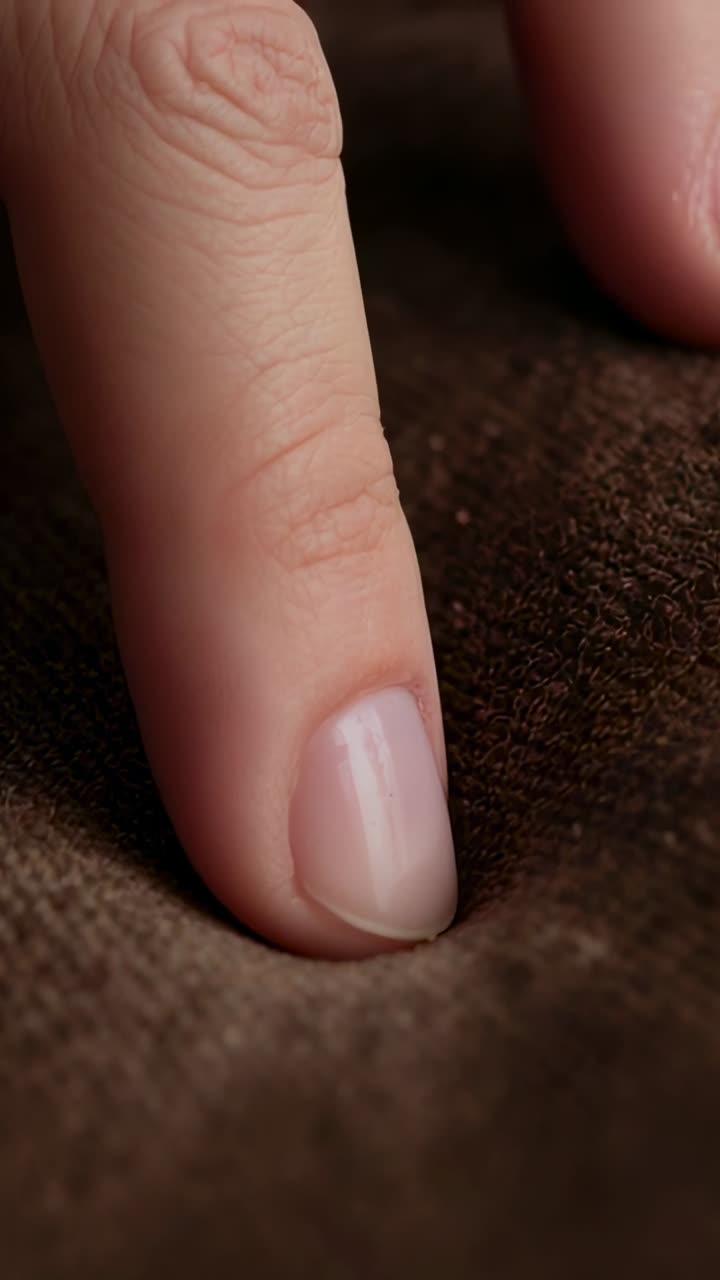 Vertical video: Touching fingertip pressing into brown fabric in room, testing fabric feel