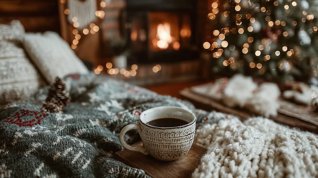 A Cozy Winter Scene Featuring a Mug of Hot Coffee on a Warm Knitted Blanket with a Beautifully Decorated Christmas Tree and a Crackling Fireplace in the Background