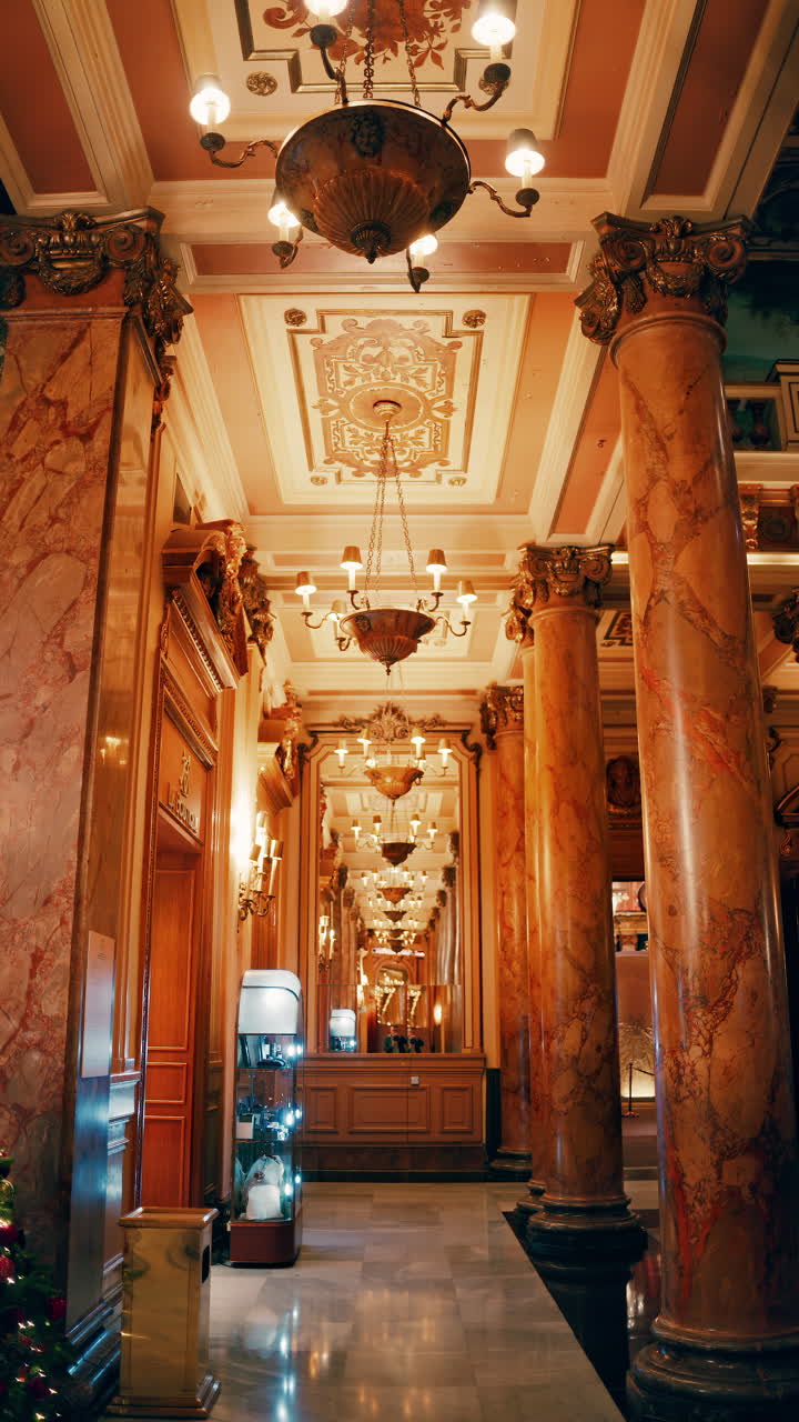 The halls of the Monte Carlo Casino decorated for Christmas. Vertical