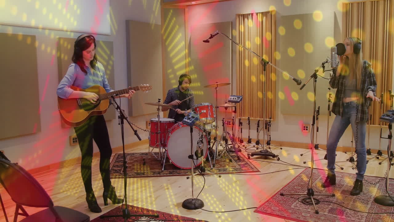 Three musicians performing inside studio with animated guitar icon, sound bars and light patterns