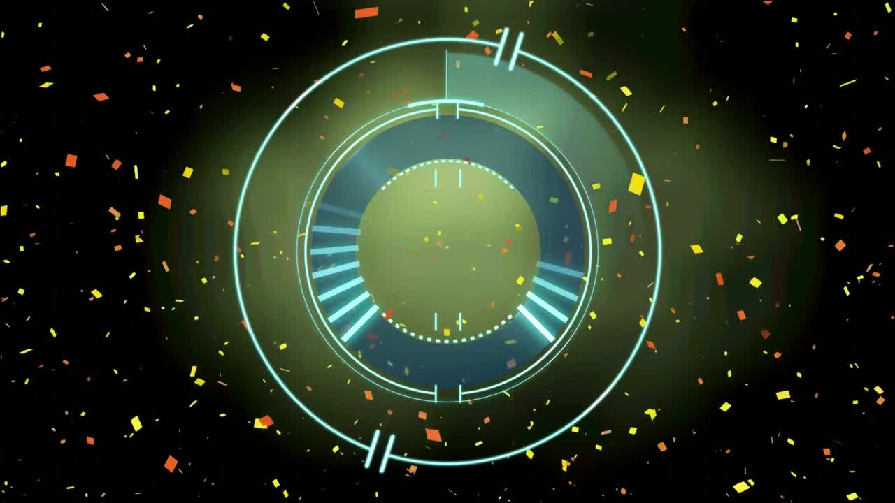 검은 바탕에 파란 시계 위에 떨어지는 콘페티의 애니메이션