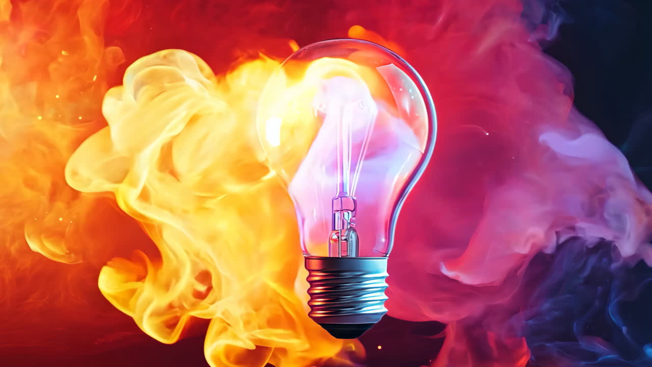 A light bulb is lit up in front of a colorful background. The light bulb is the main focus of the image, and the colors of the background create a vibrant and energetic mood