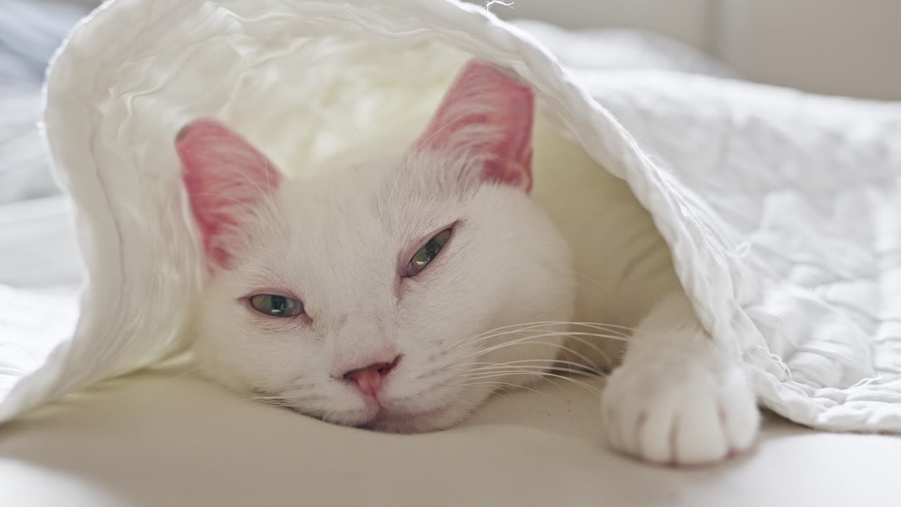 A white cat, cozy under a blanket, slowly opening its eyes as it begins to wake up from a peaceful nap.