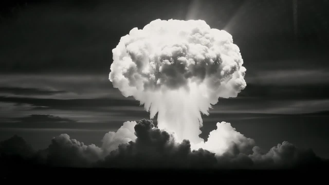Fireball rising over test area after flash with mushroom cloud, billowing smoke, layered clouds