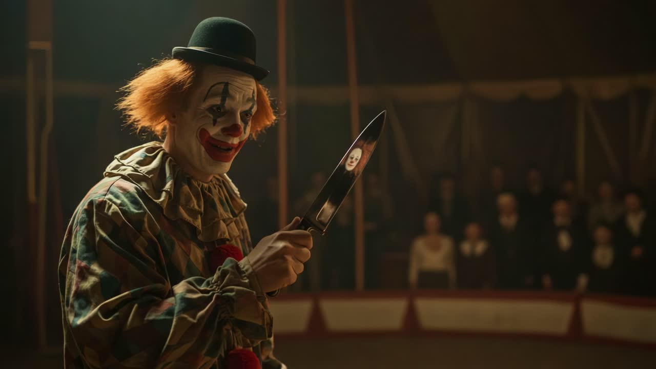 A menacing clown brandishes a knife under the spotlight in a circus arena, captivating an captivated audience with a blend of intrigue and fear