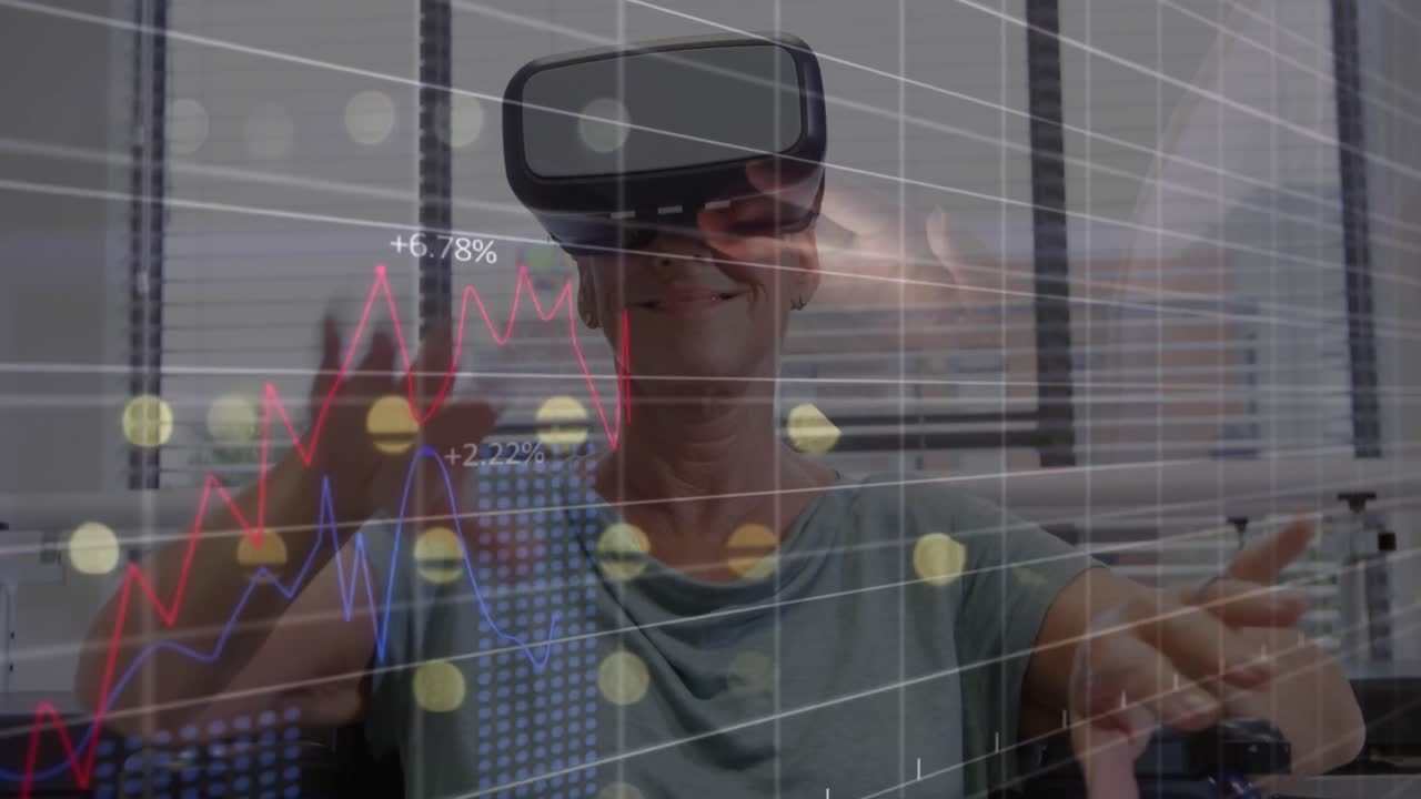 Animation of financial data processing over woman wearing vr headset
