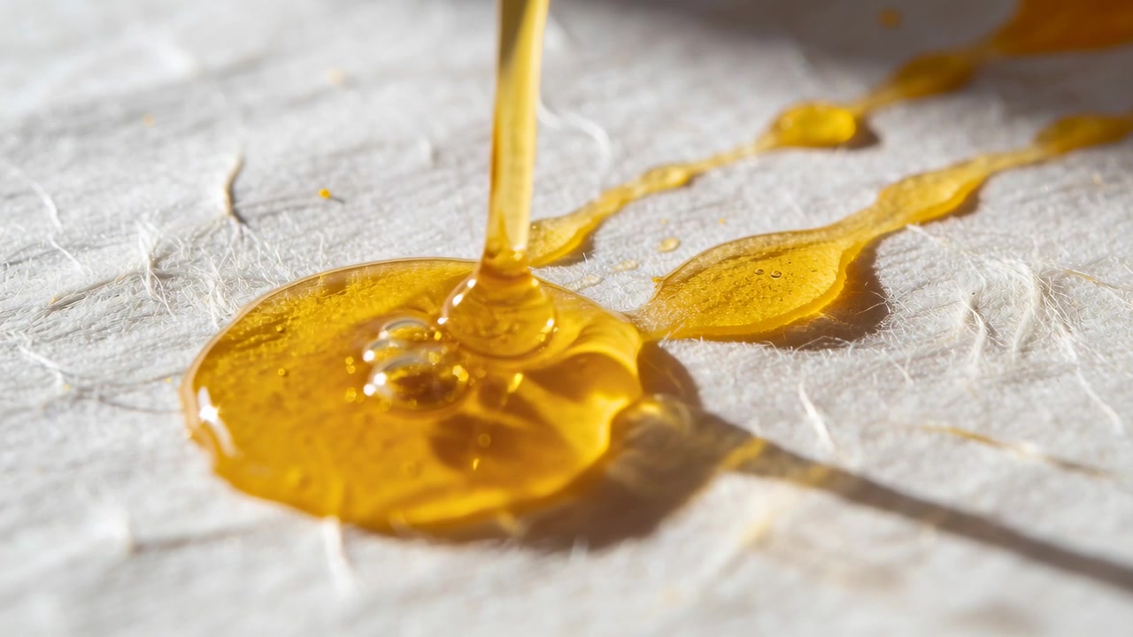 Fine buse laissant s'écouler du sirop doré sur du papier fibreux, formant une flaque peu profonde et un filet de gouttes.