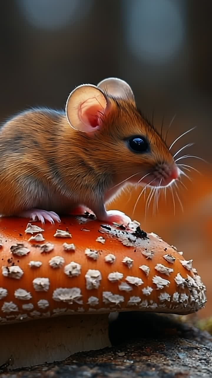 Mouse on mushroom in autumn. A small mouse sits on a vibrant mushroom in an autumn forest, surrounded by colorful fallen leaves and soft sunlight.