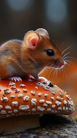 Mouse on mushroom in autumn. A small mouse sits on a vibrant mushroom in an autumn forest, surrounded by colorful fallen leaves and soft sunlight.