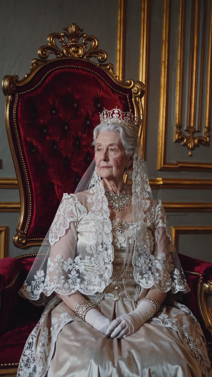 Regal elderly woman in vintage attire sits on a luxurious throne