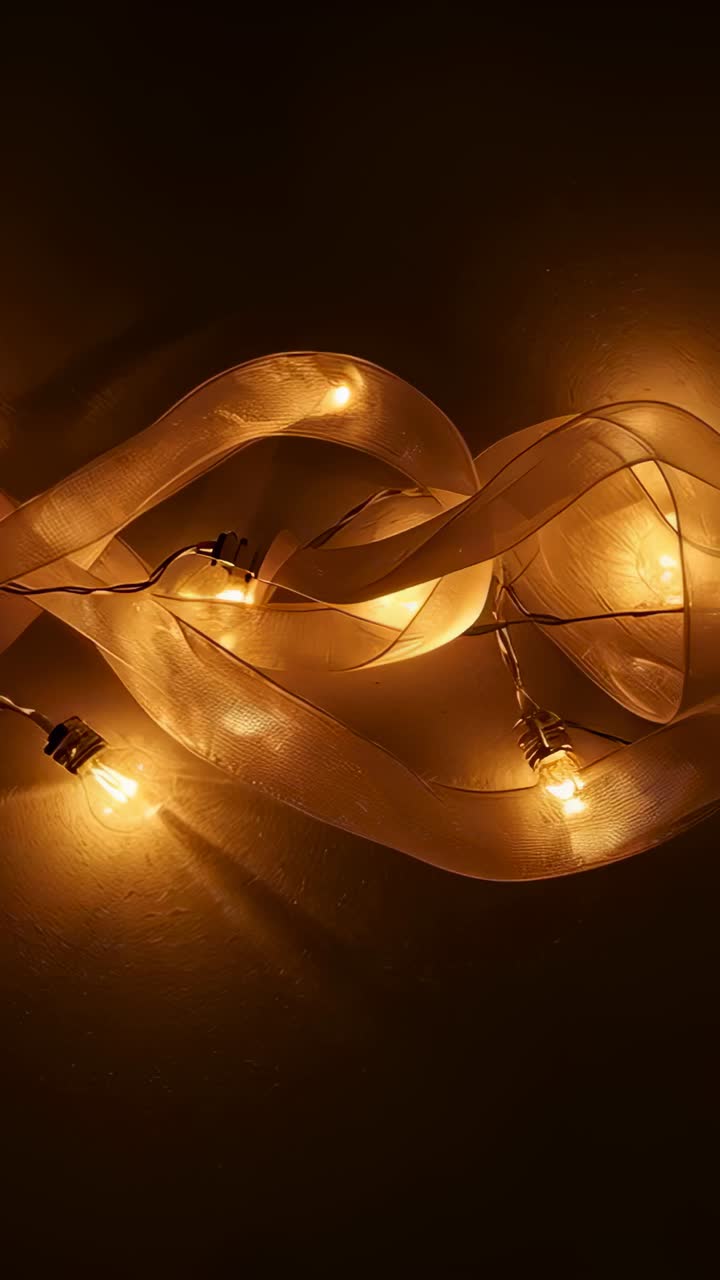 Vertical video: Shifting mesh ribbon with bulbs settling into S on dark table after nudge, glowing