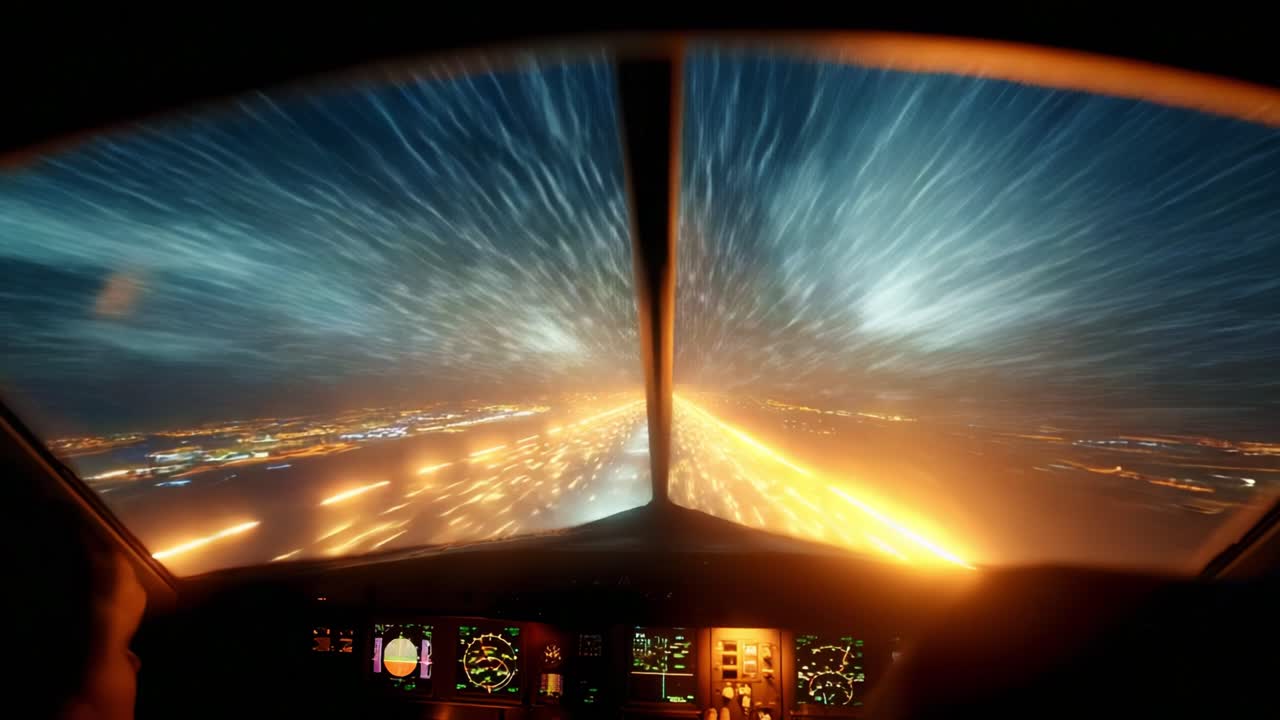 Captivating View from Cockpit of Aircraft During Night Flight Showcasing Dynamic Lights and Speeds as the Plane Approaches Landing, Creating an Awe-Inspiring Visual Experience