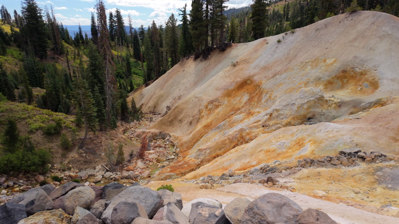 Panning view of sulphur geothermal terrain at Sulphur Works in Lassen Volcanic National Park California