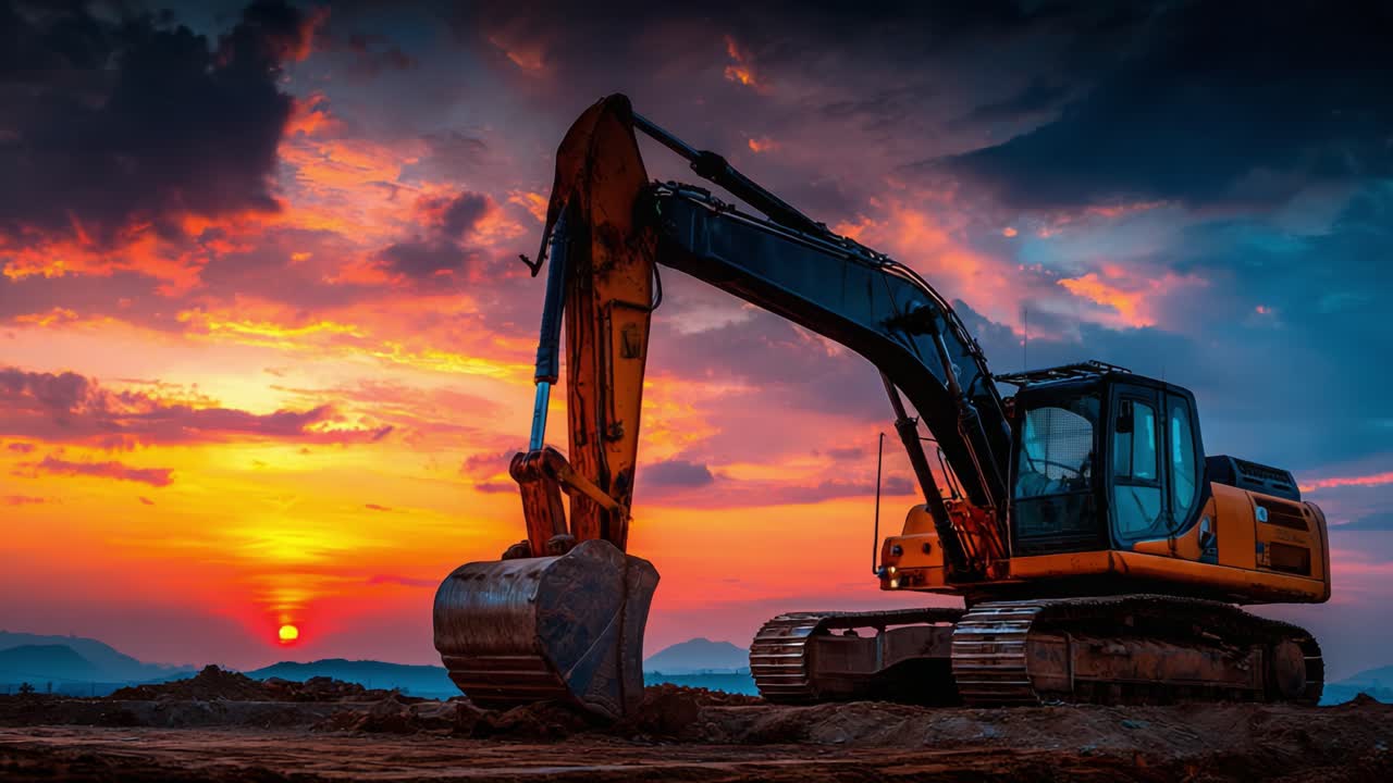 Dramatic Sunset Silhouette of an Excavator Against a Vivid Sky, Showcasing Industrial Machinery's Power and Beauty in Construction Projects
