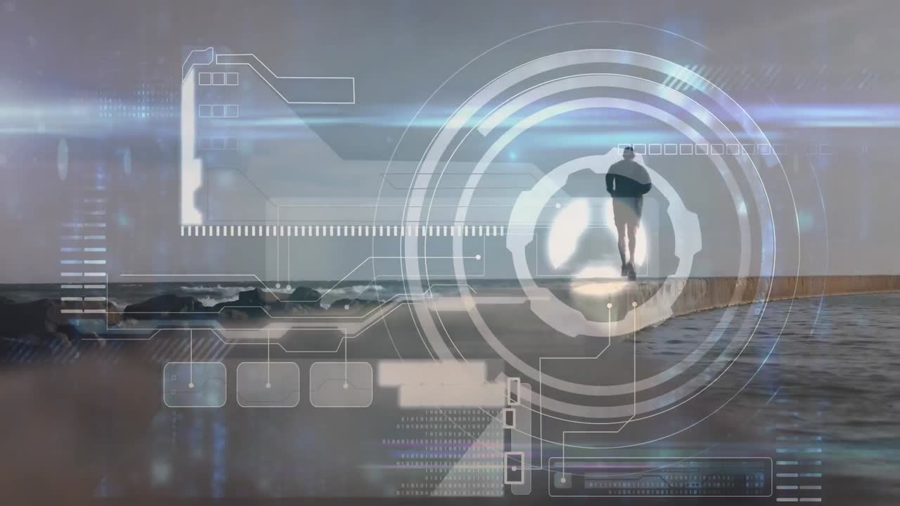 디지털 화면의 애니메이션과 데이터 처리가 바 ⁇ 가에서 달리는 적합한 사람 위에