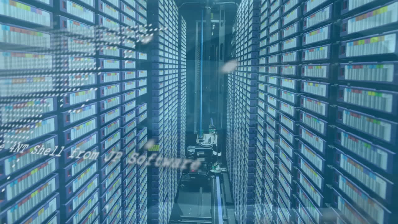 Animation of data processing and world map over server room