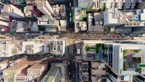 Central-Hong-Kong,-top-down-aerial-time-lapse-view-of-traffic-and-city-skyscrapers