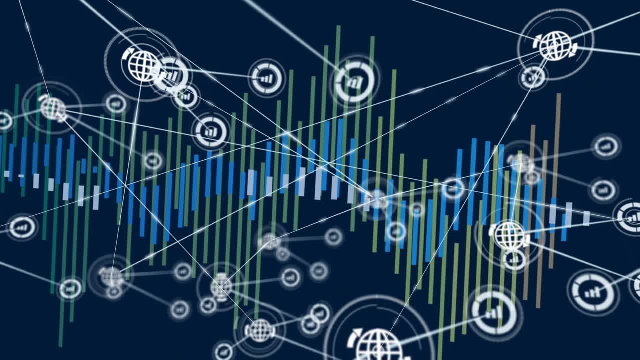 Pulsating ring shooting line, rising bars, branching icons, growing network, visualizing data flow